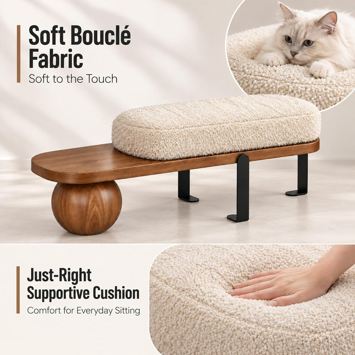 Modern Wooden Boucle Entryway Bench, Washable