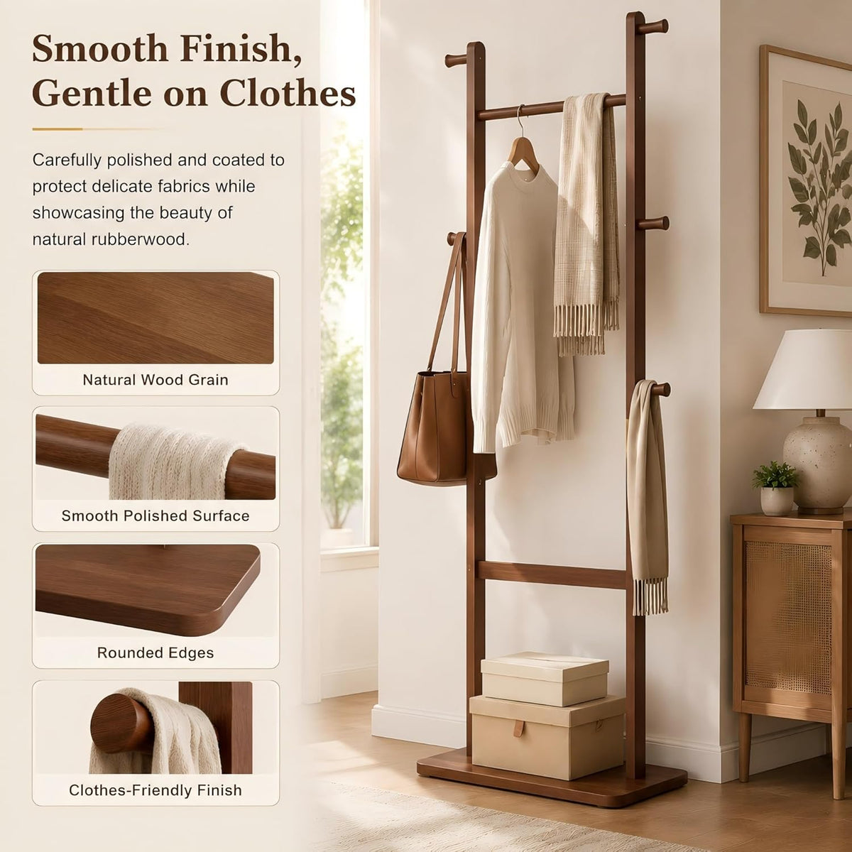 Walnut‑Brown Solid Wood Freestanding Coat Rack