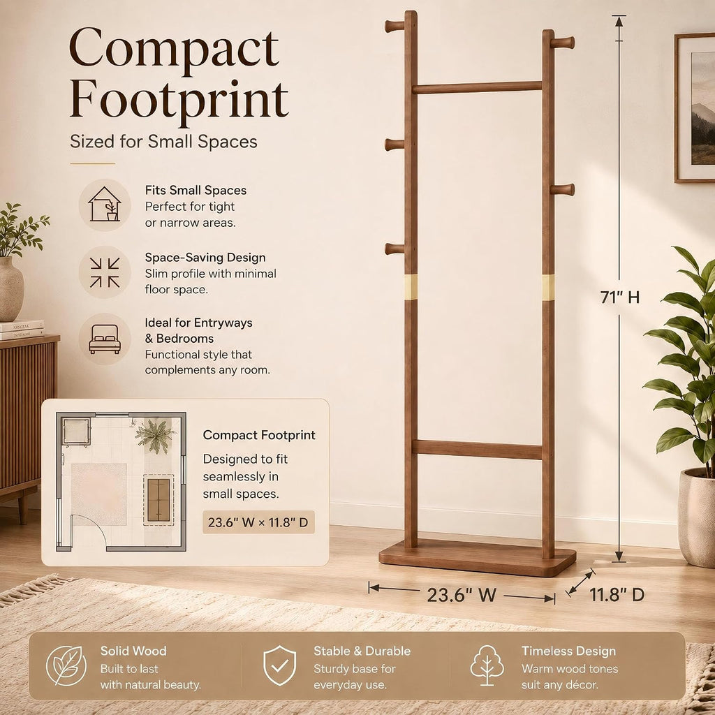 Walnut‑Brown Solid Wood Freestanding Coat Rack