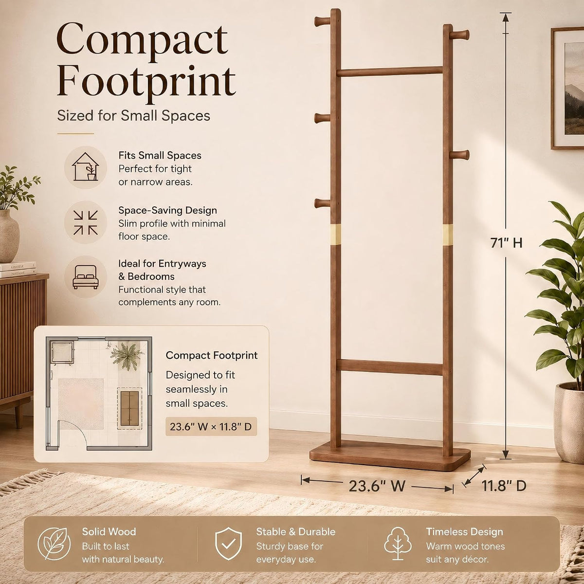 Walnut‑Brown Solid Wood Freestanding Coat Rack