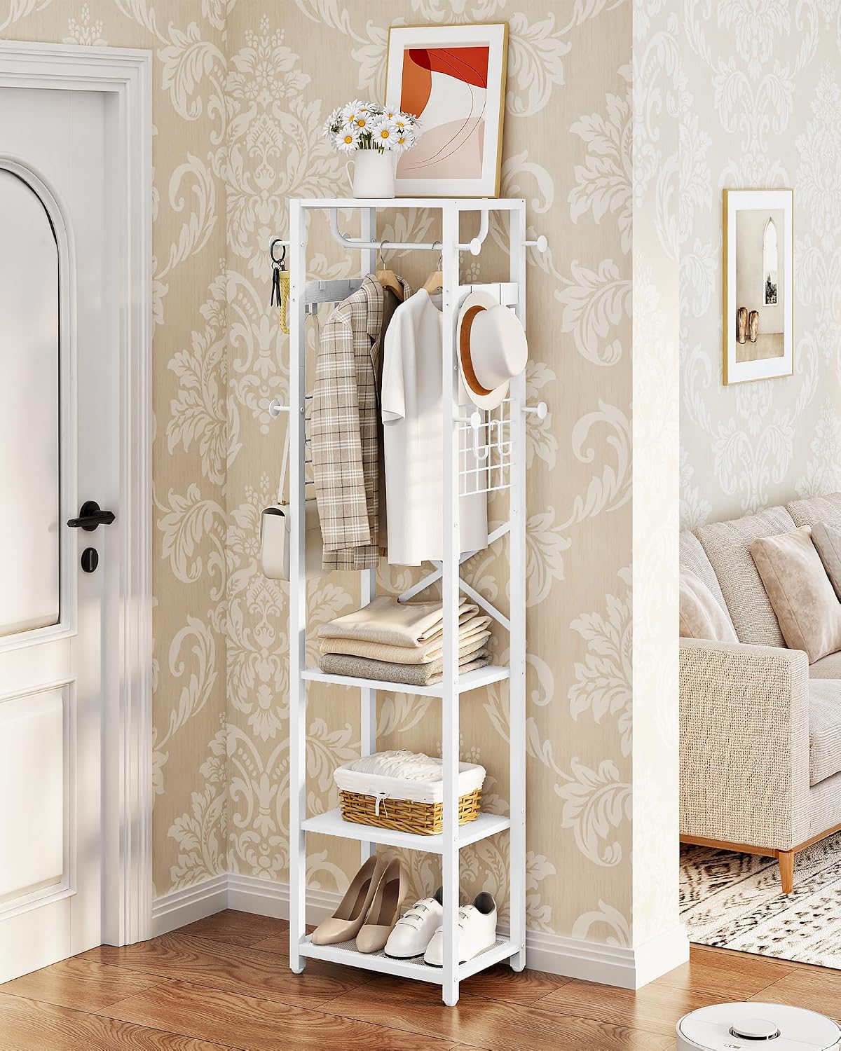 White Industrial Hall Tree with Hooks & Shelves