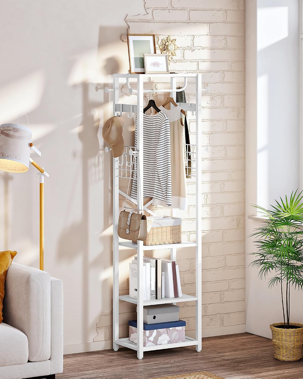 White Industrial Hall Tree with Hooks & Shelves