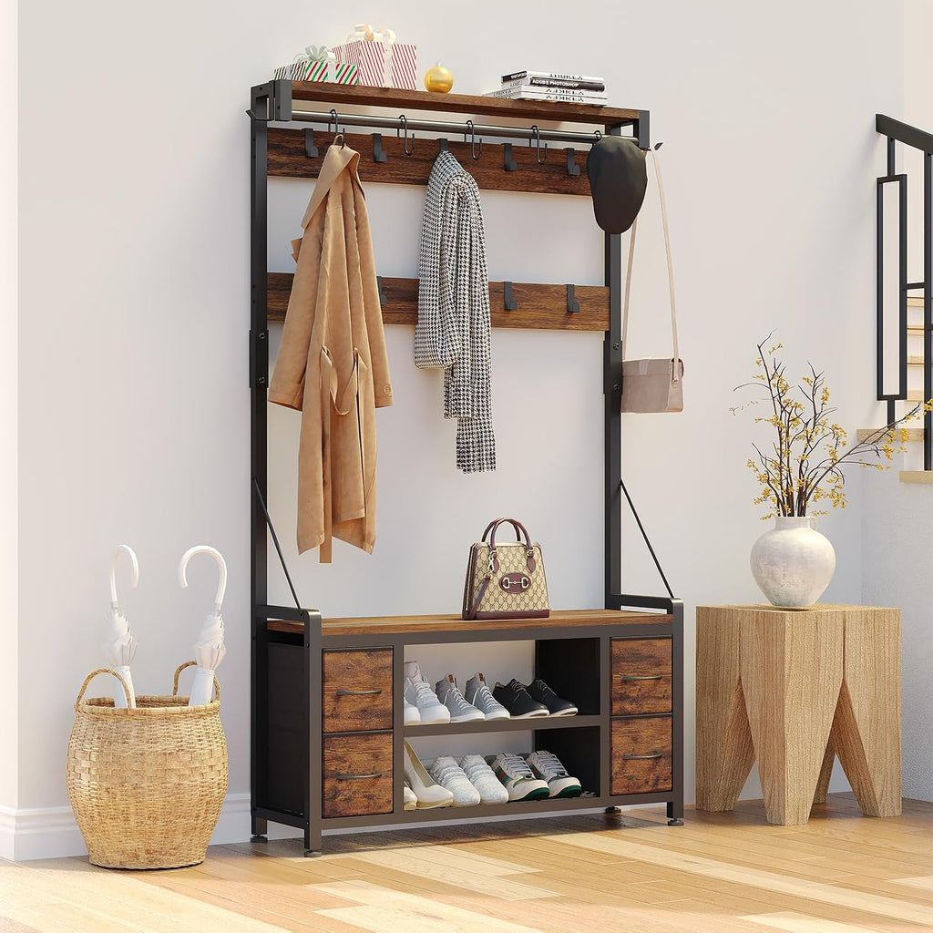 Brown Hall Tree Bench with Shoe Storage & Drawers