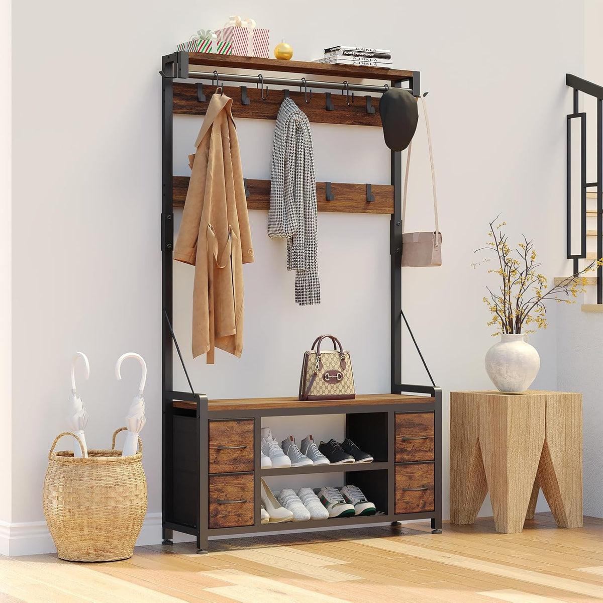 Brown Hall Tree Bench with Shoe Storage & Drawers