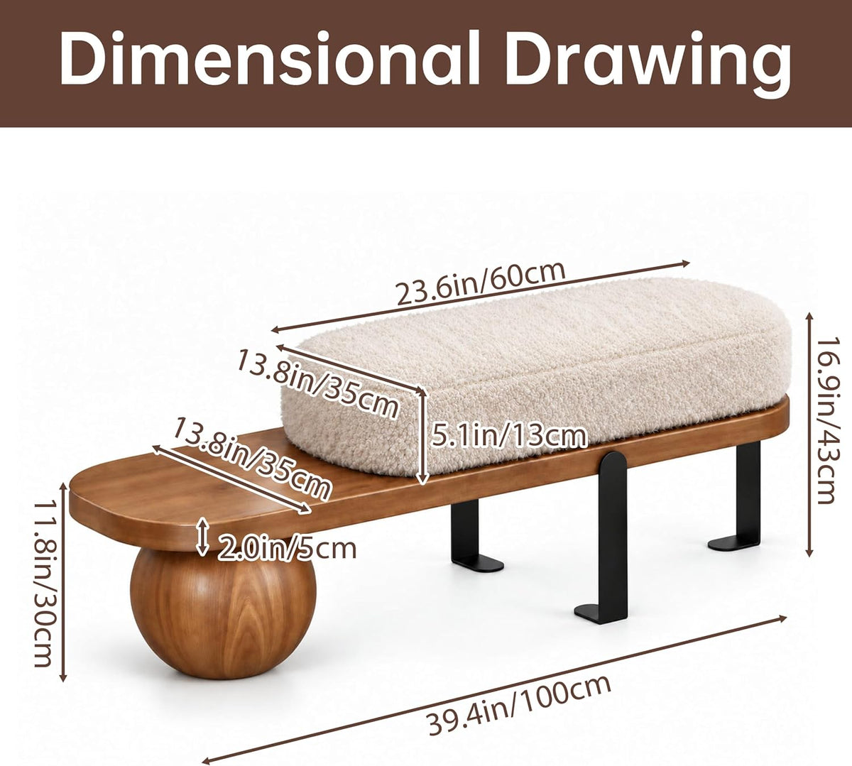 Modern Wooden Boucle Entryway Bench, Washable