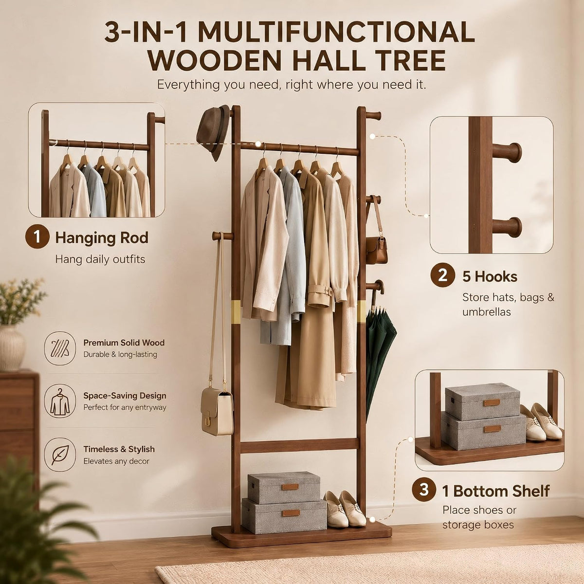 Walnut‑Brown Solid Wood Freestanding Coat Rack