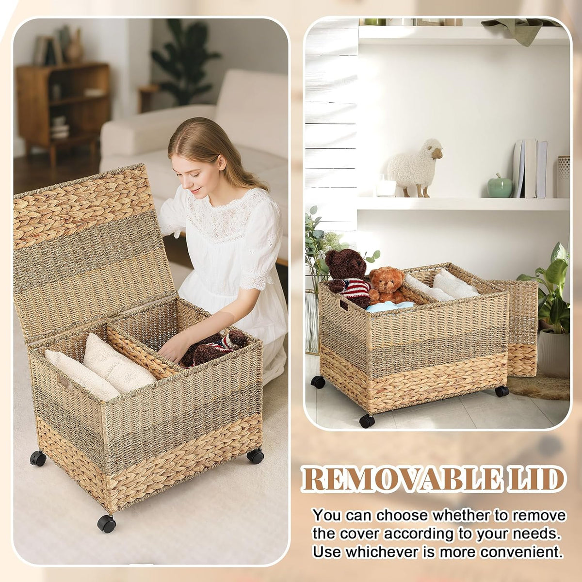 Rolling Wicker Storage Basket with Lid