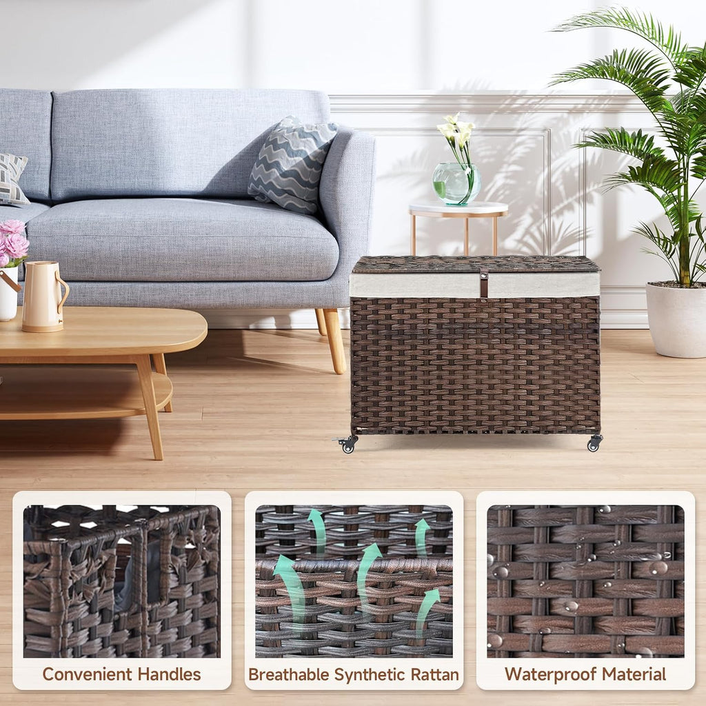 Brown Rattan Rolling Storage Basket with Lid & Handles
