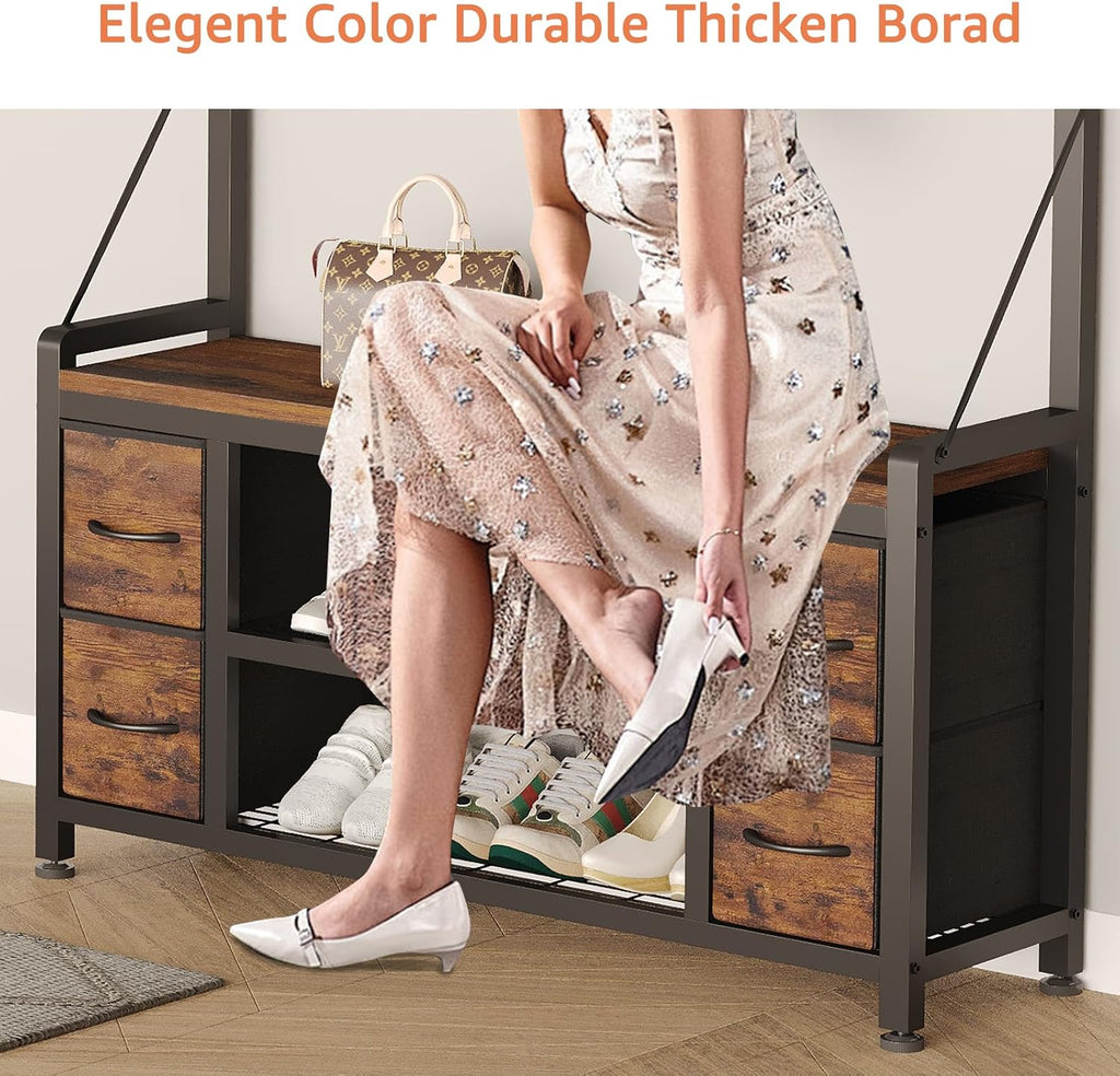 Brown Hall Tree Bench with Shoe Storage & Drawers