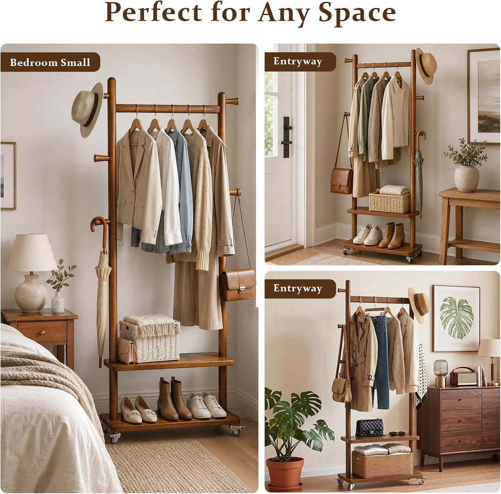 Rolling Solid‑Wood Freestanding Coat Rack
