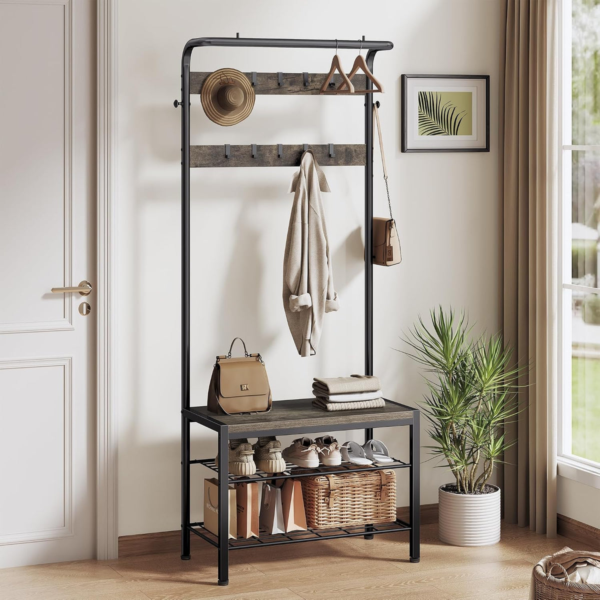 Grey Hall Tree with Shoe Bench & Storage