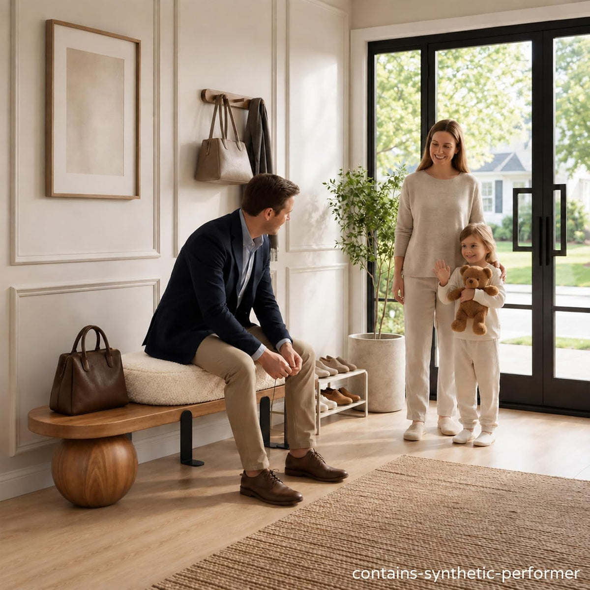 Modern Wooden Boucle Entryway Bench, Washable