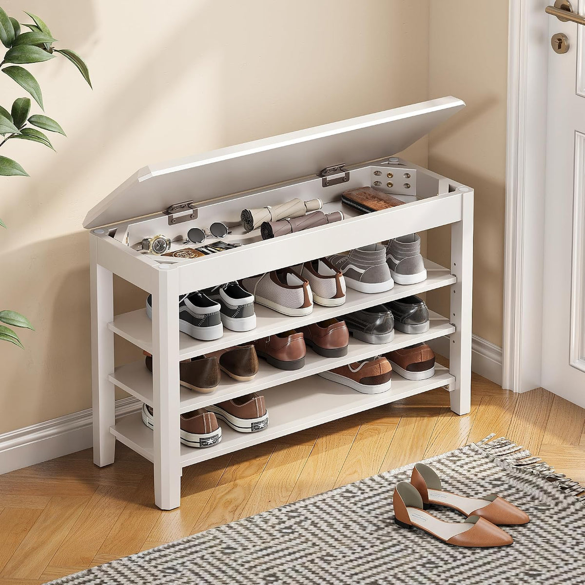 3‑Tier Rubberwood Entryway Shoe Bench