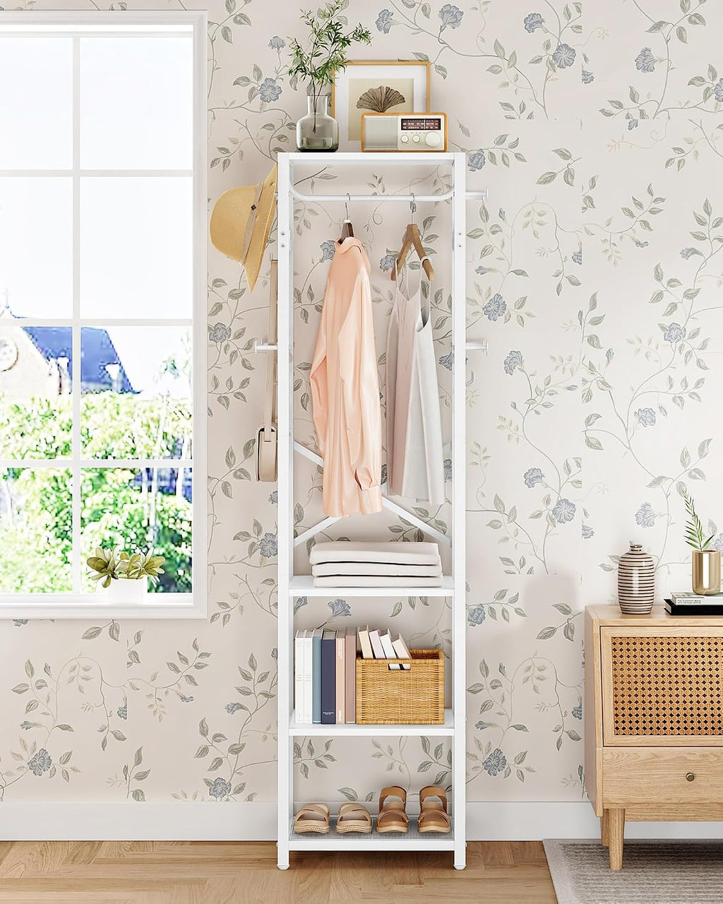White Industrial Hall Tree with Hooks & Shelves