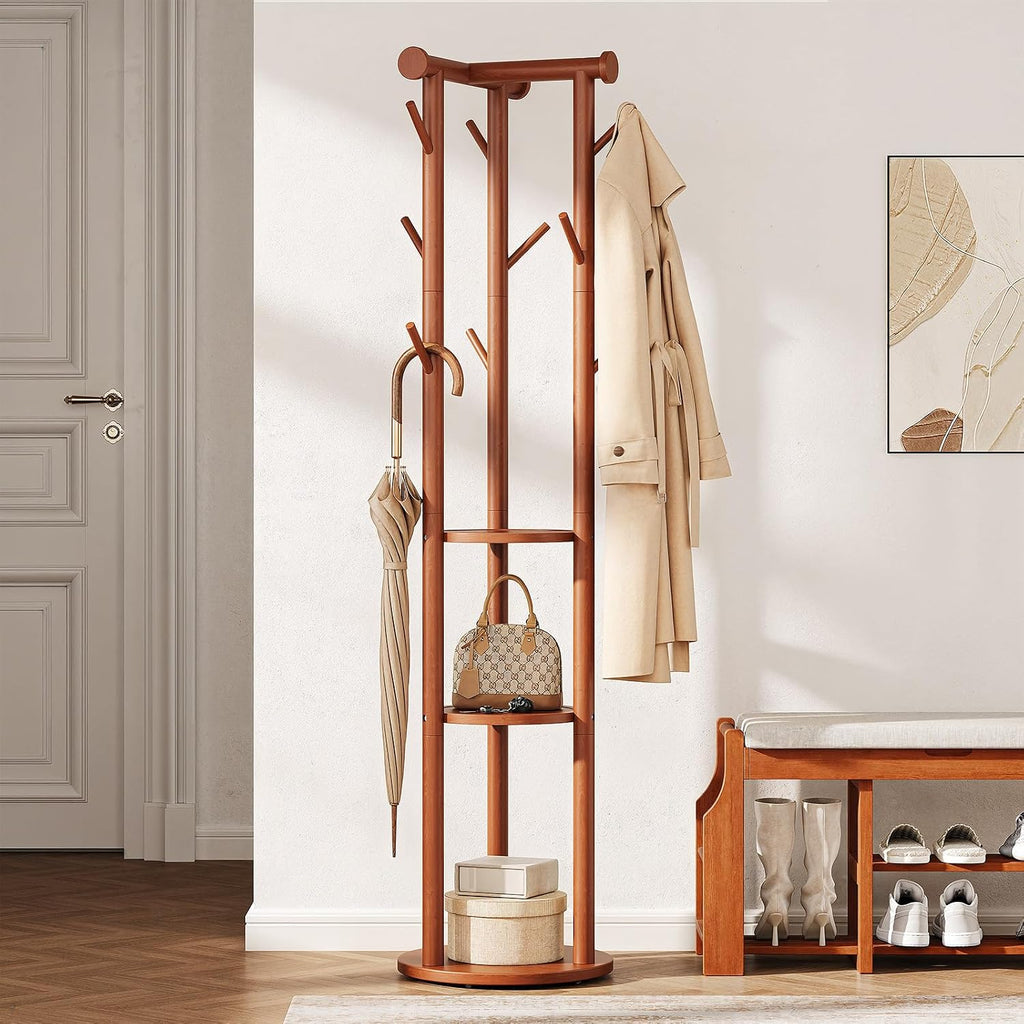 Rolling Solid‑Wood Coat Rack with Hooks & Shelves