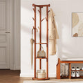 Rolling Solid‑Wood Coat Rack with Hooks & Shelves