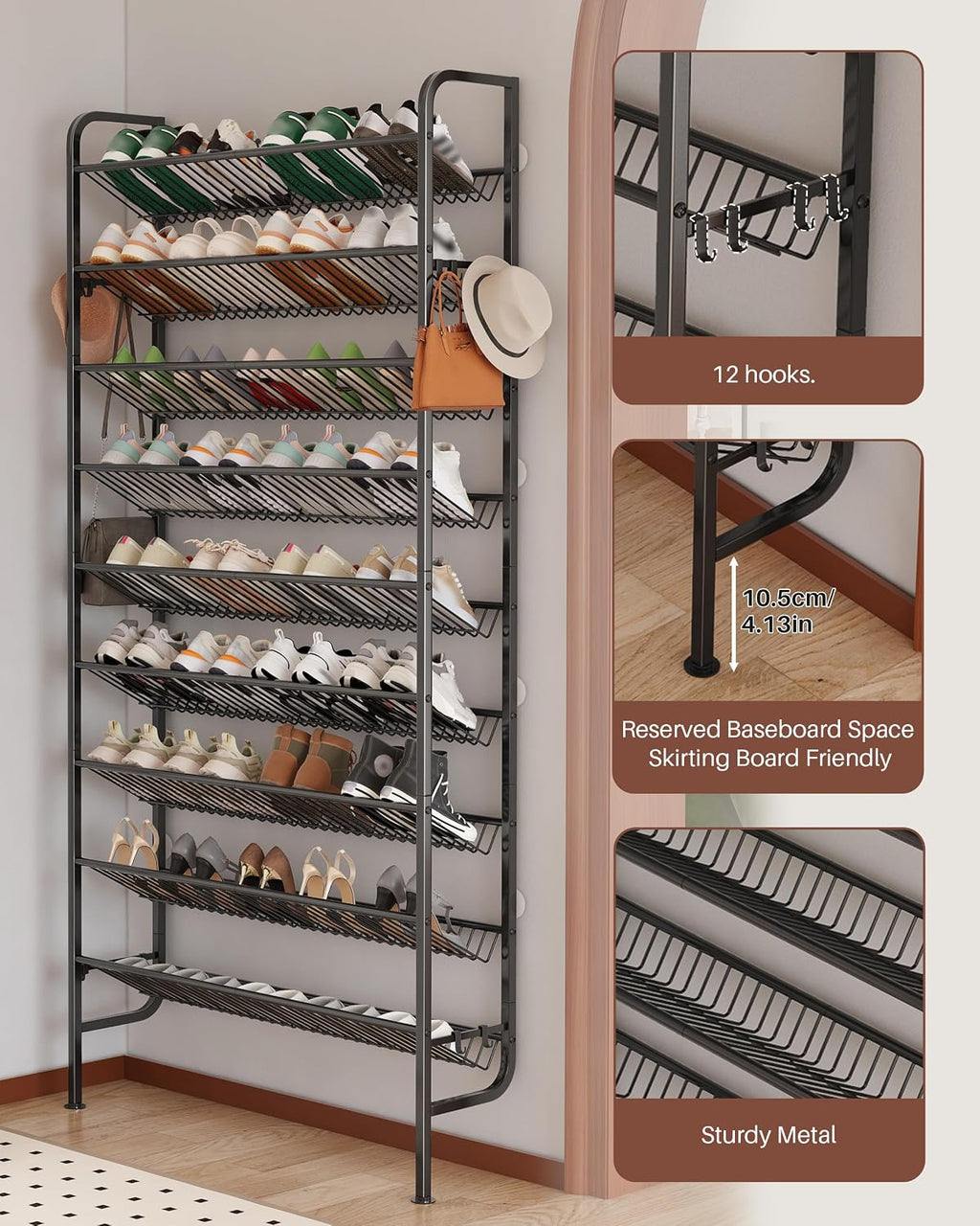 9‑Tier Freestanding Metal Shoe Rack