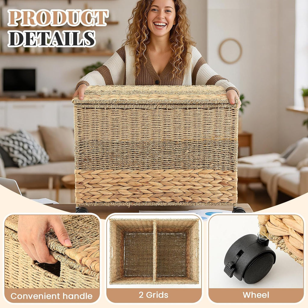 Rolling Wicker Storage Basket with Lid