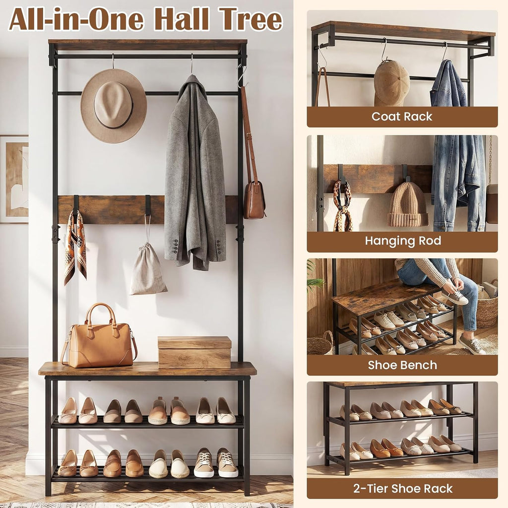 Industrial Hall Tree with Bench & Shoe Storage