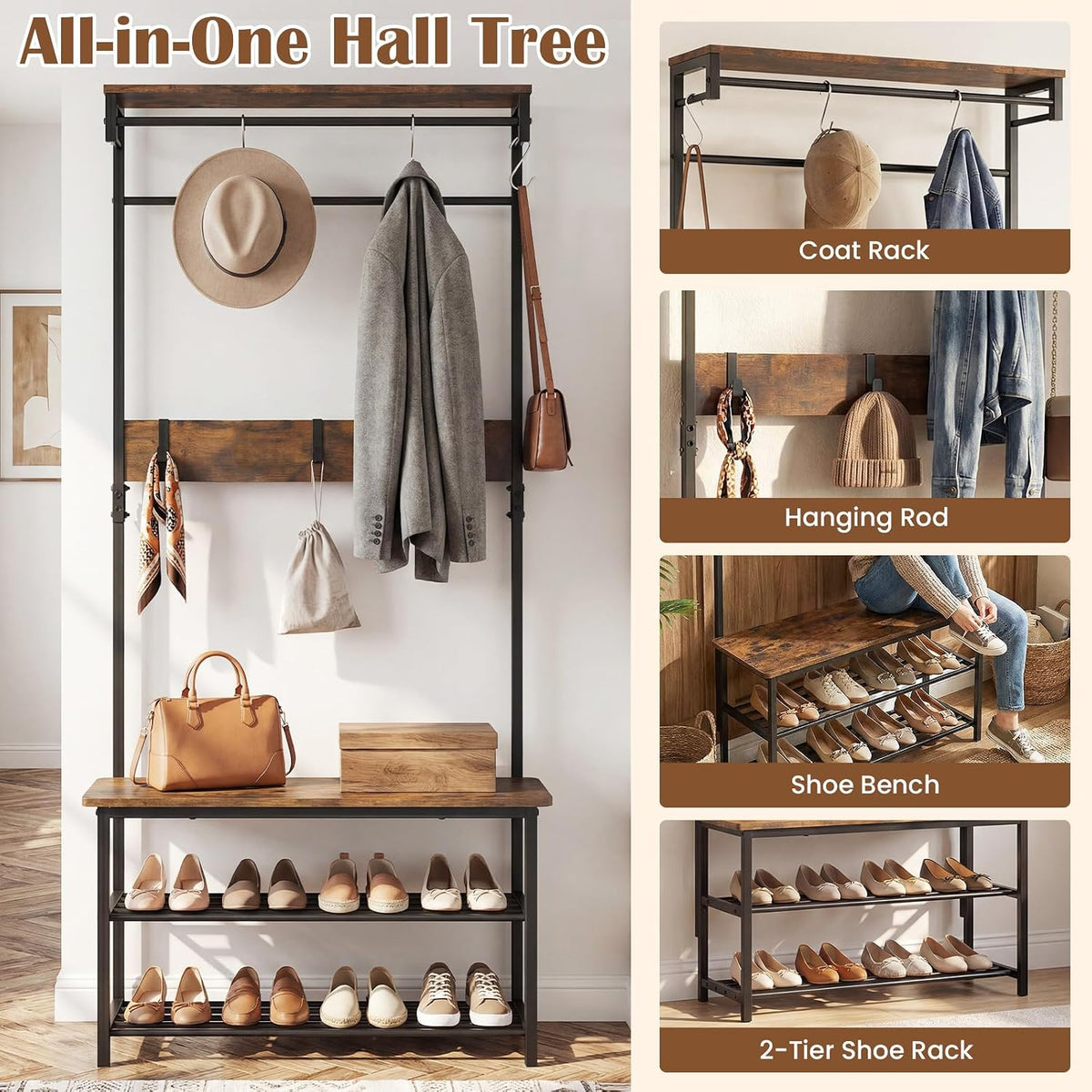 Industrial Hall Tree with Bench & Shoe Storage
