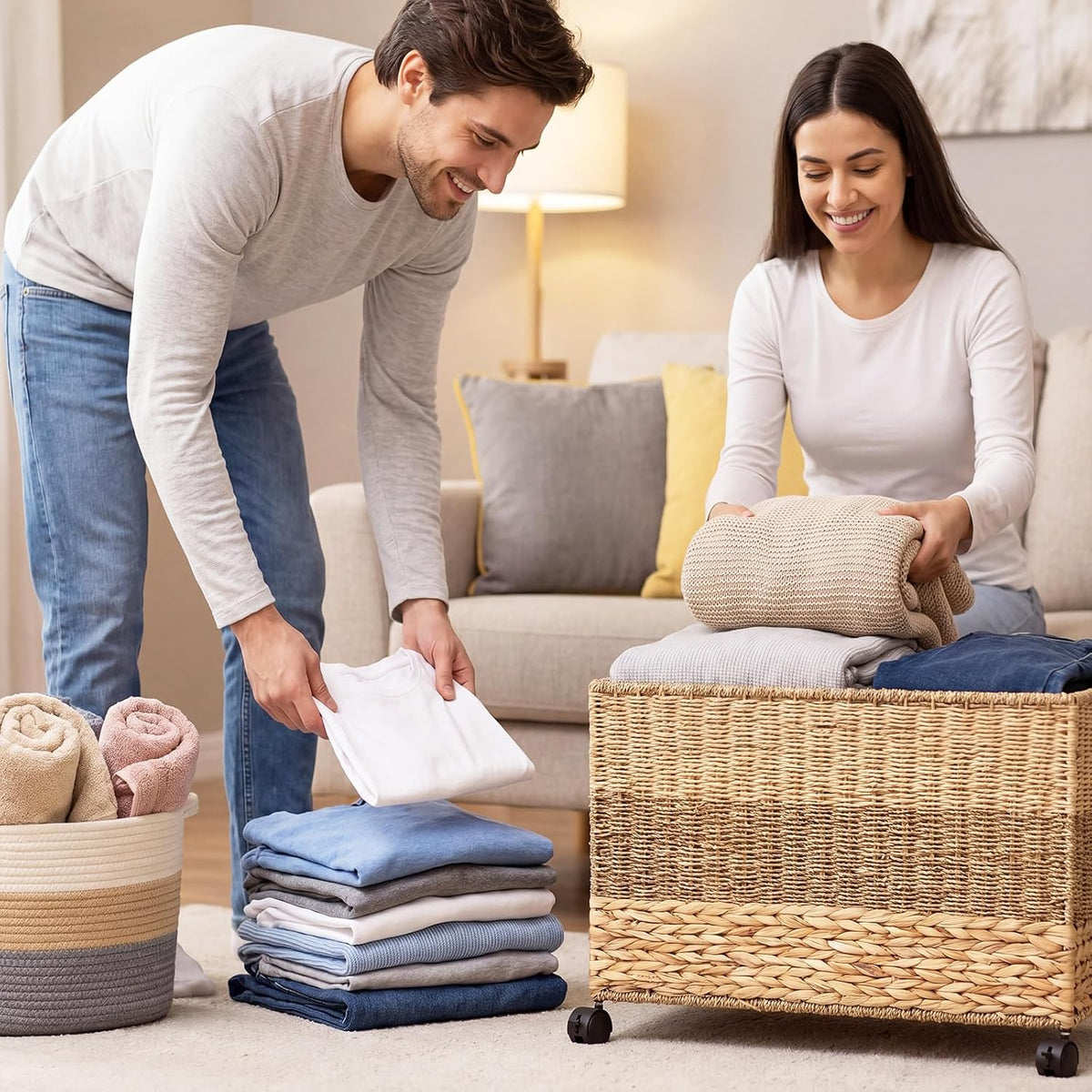 Tricolor Wicker Storage Trunk Basket