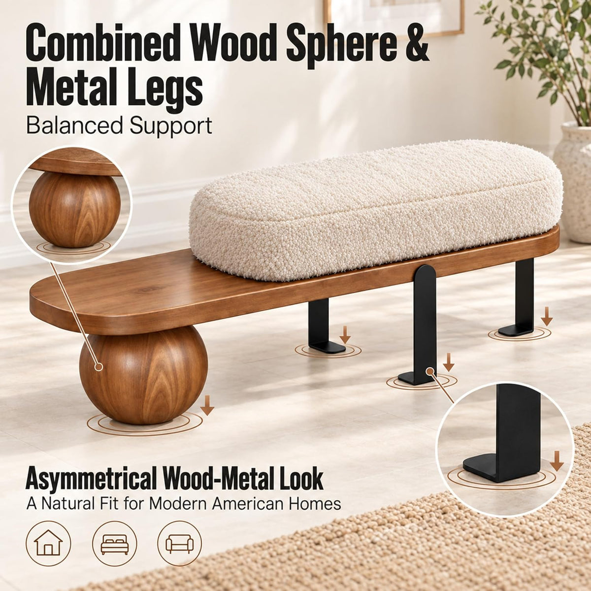 Modern Wooden Boucle Entryway Bench, Washable