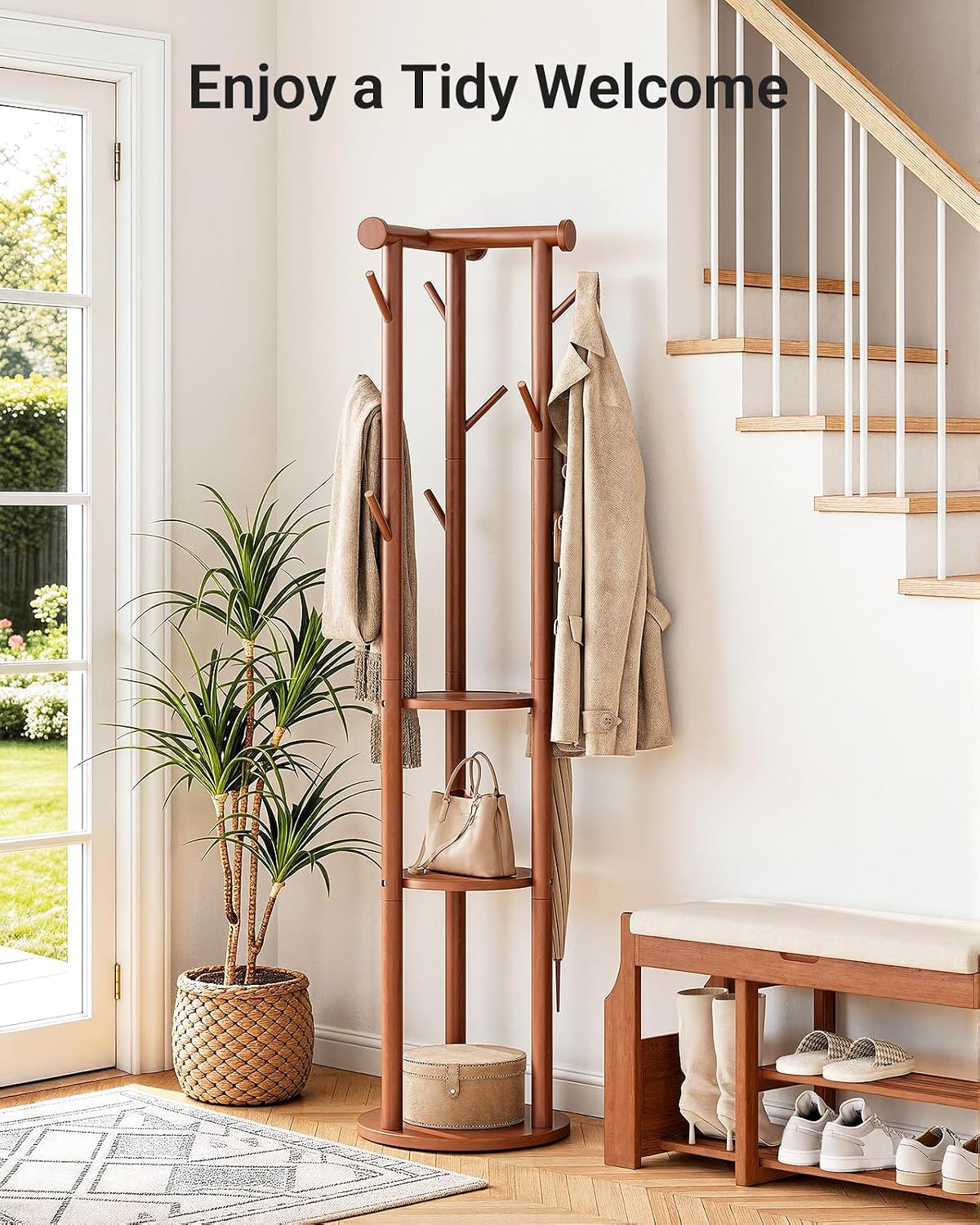 Rolling Solid‑Wood Coat Rack with Hooks & Shelves