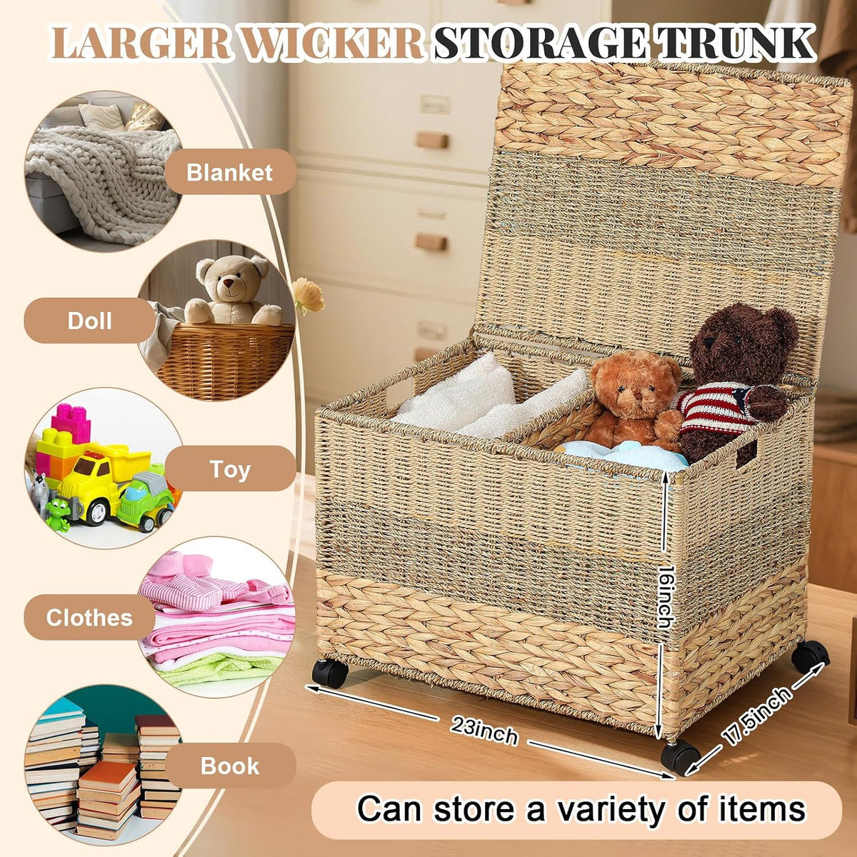 Rolling Wicker Storage Basket with Lid