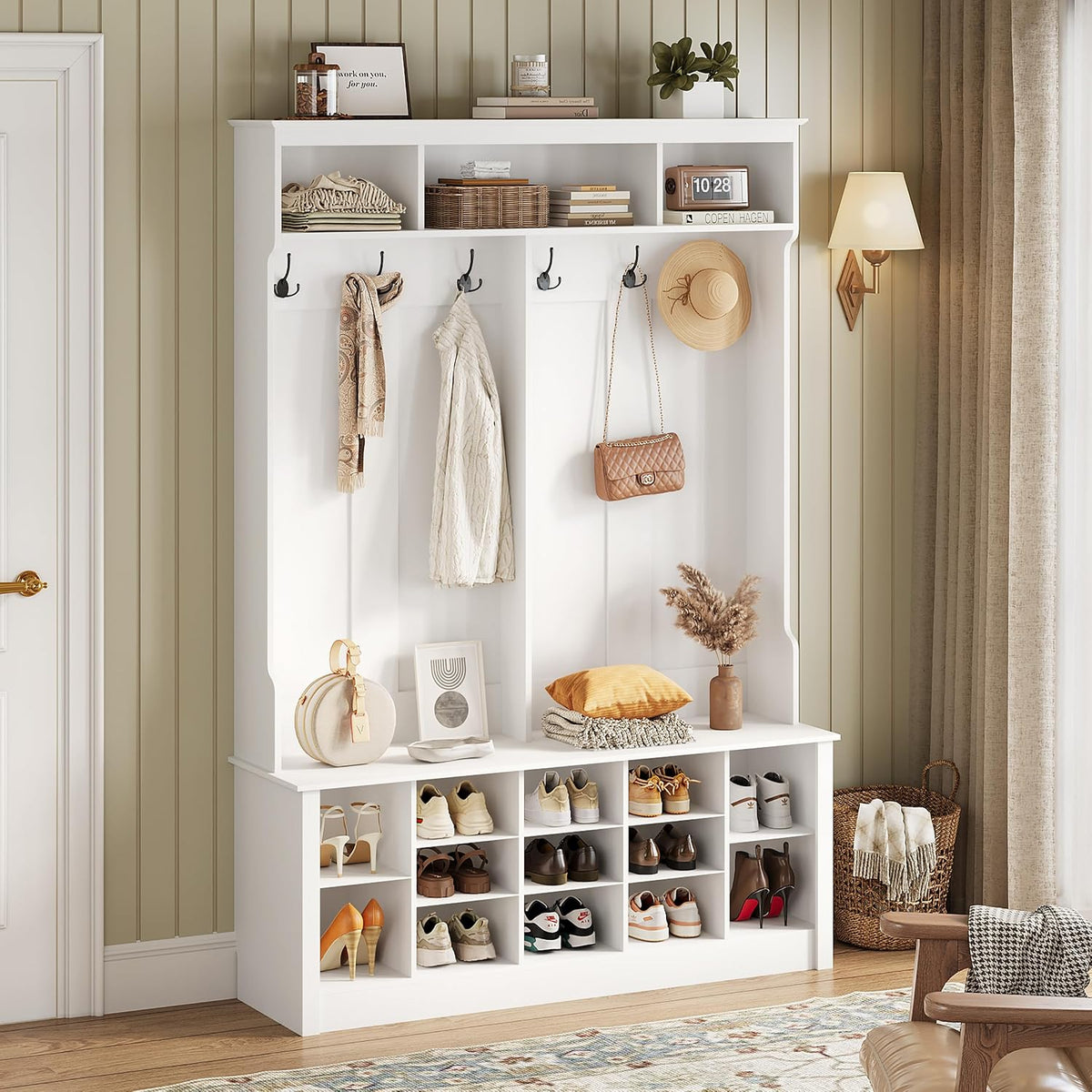 White Farmhouse Hall Tree Bench with Shoe Cubbies