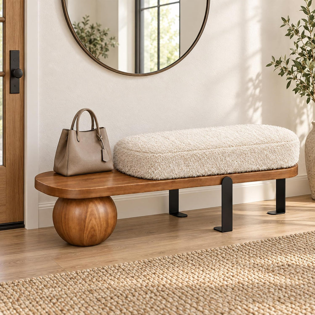 Modern Wooden Boucle Entryway Bench, Washable