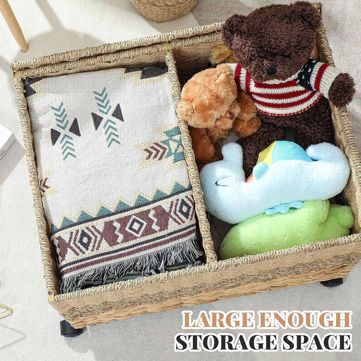 Rolling Wicker Storage Basket with Lid